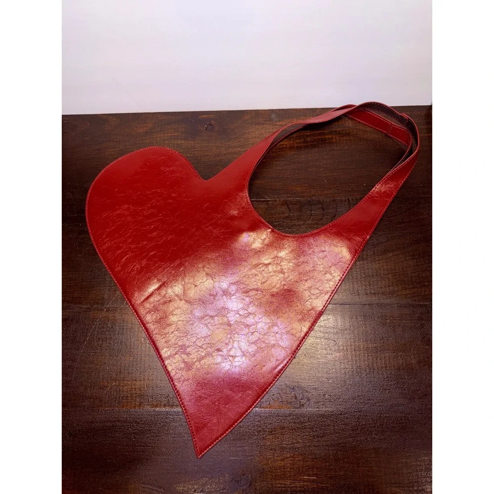 Red Heart Shaped Shoulder Bag Crinkled Faux Leather Asymmetrical Tote Y2K Style
